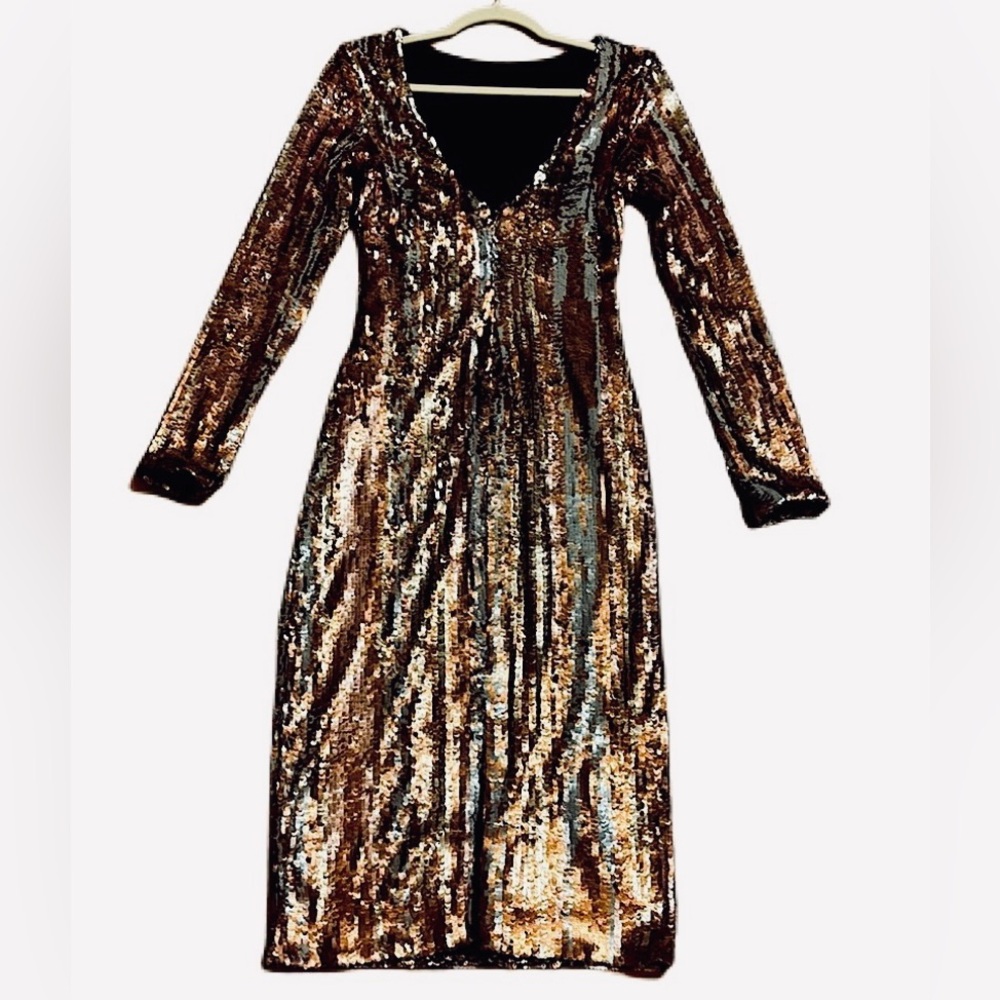 NWT Dress the Population Emery Sequin Midi Dress Matte Bronze Multi Medium - Picture 8 of 14